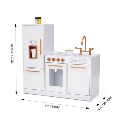 Little Chef Milano Two-Piece Modular Modern Delight Play Kitchen with Cooking Accessories, Faux Marble Finish, & Rose Gold Hardware, White