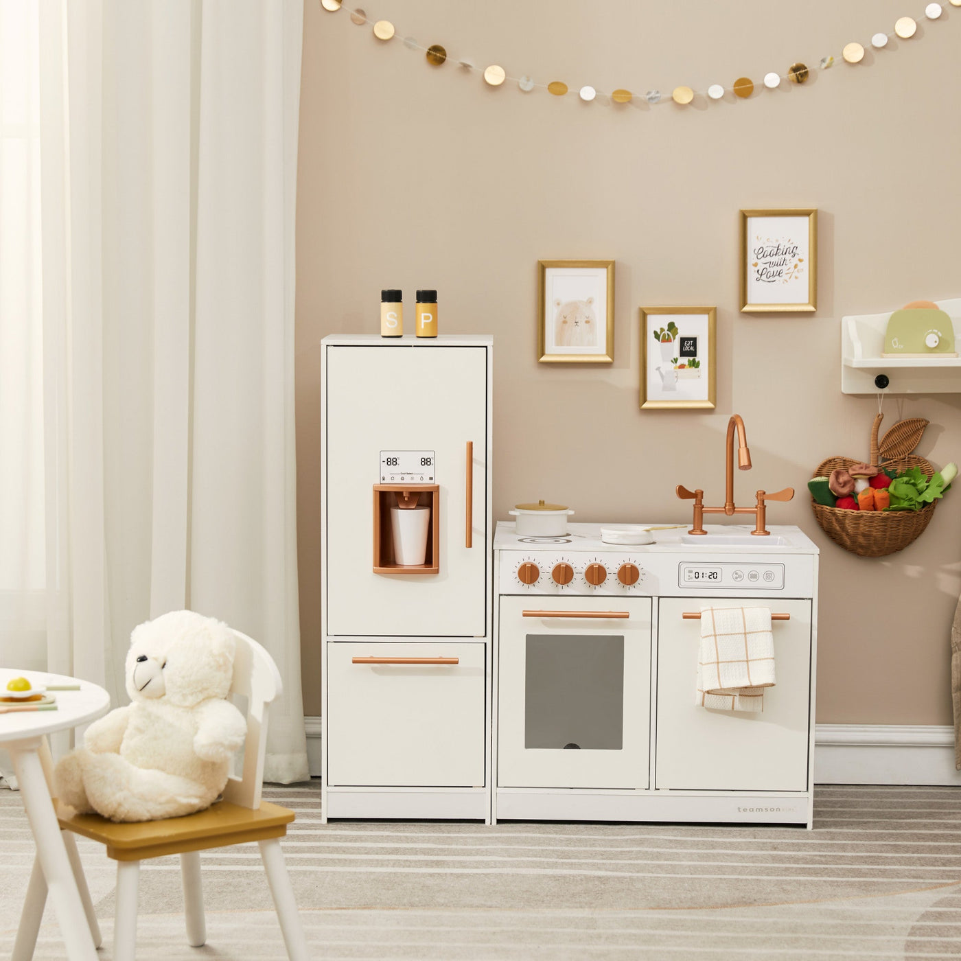 Little Chef Milano Two-Piece Modular Modern Delight Play Kitchen with Cooking Accessories, Faux Marble Finish, & Rose Gold Hardware, White