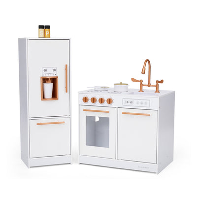 Little Chef Milano Two-Piece Modular Modern Delight Play Kitchen with Cooking Accessories, Faux Marble Finish, & Rose Gold Hardware, White