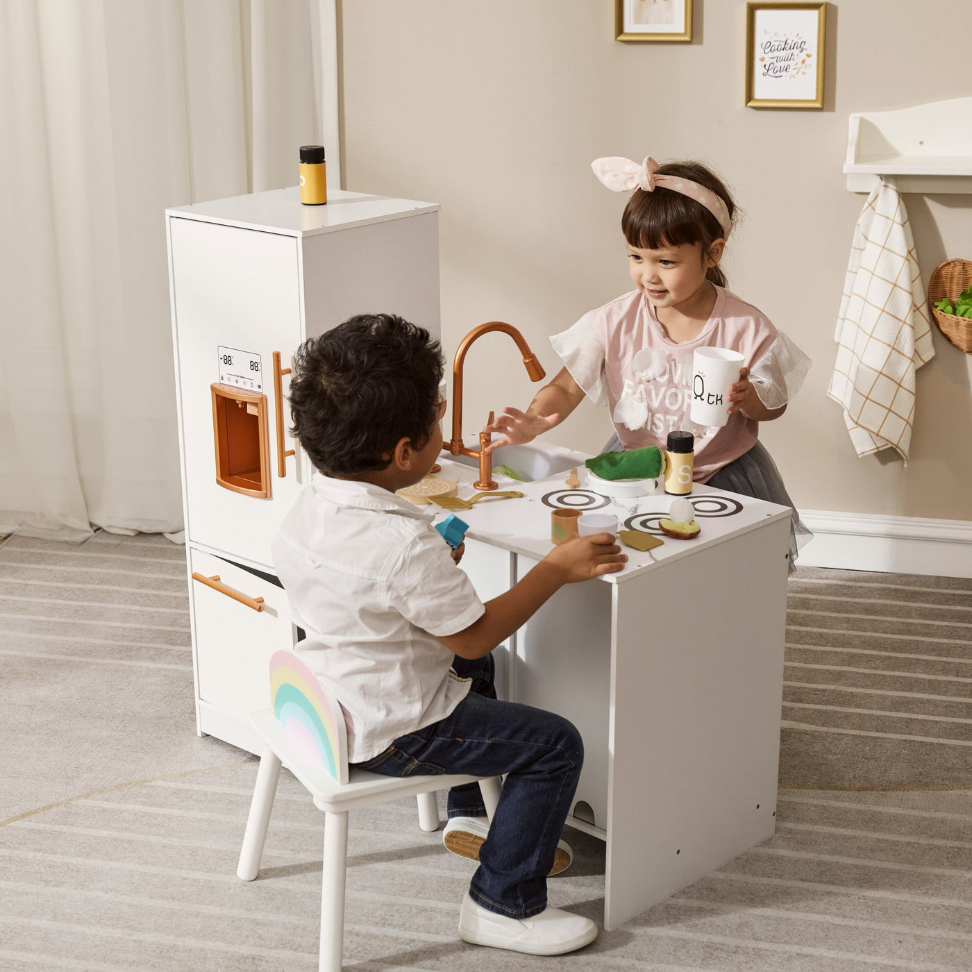 Little Chef Milano Two-Piece Modular Modern Delight Play Kitchen with Cooking Accessories, Faux Marble Finish, & Rose Gold Hardware, White