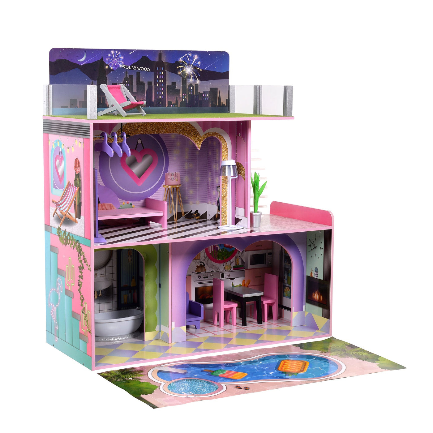 Olivia's Little World Kids Wooden Dreamland Sunset 3-Level Dollhouse Set