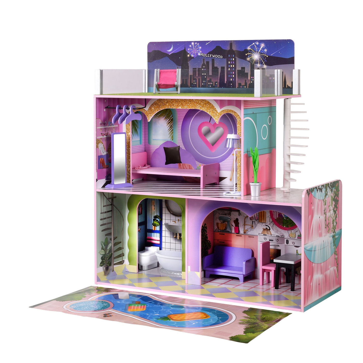 Olivia's Little World Kids Wooden Dreamland Sunset 3-Level Dollhouse Set