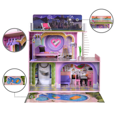 Olivia's Little World Kids Wooden Dreamland Sunset 3-Level Dollhouse Set