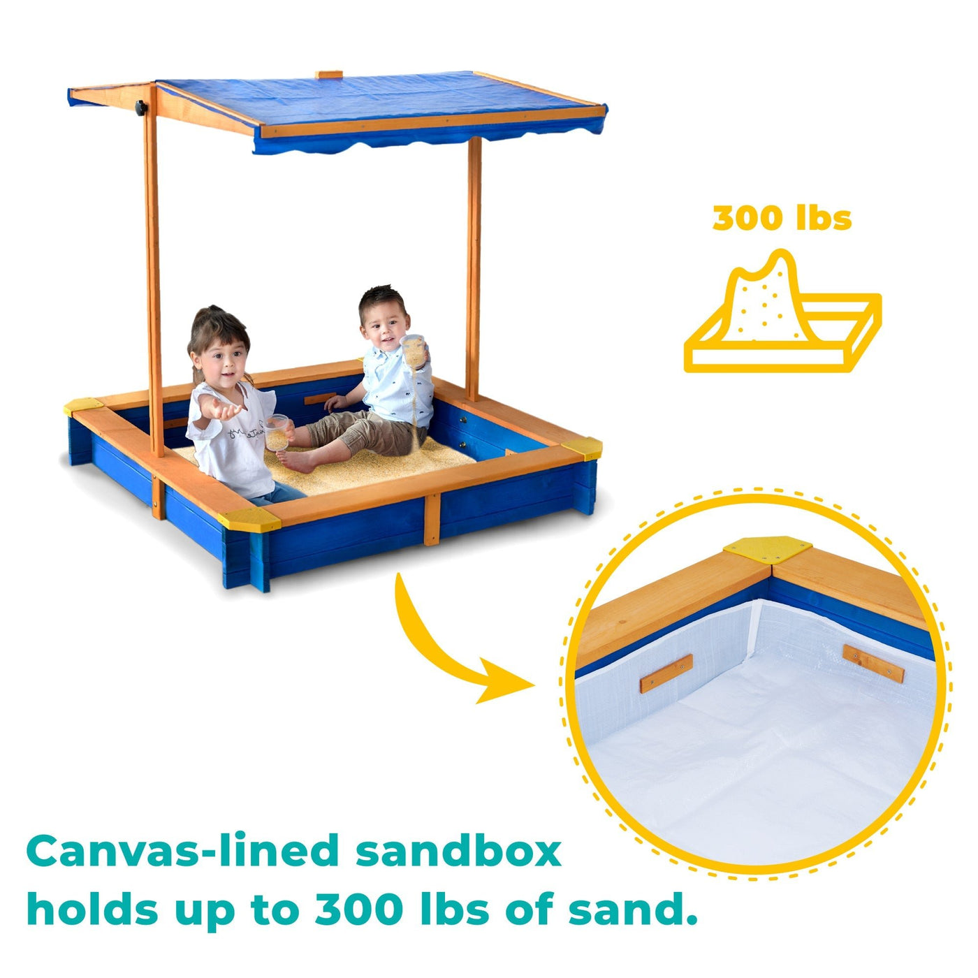 Teamson Kids 4' Square Solid Wood Sandbox with Rotatable Canopy Cover, Honey/Blue