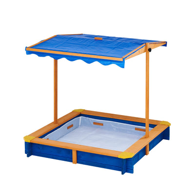 Teamson Kids 4' Square Solid Wood Sandbox with Rotatable Canopy Cover, Honey/Blue