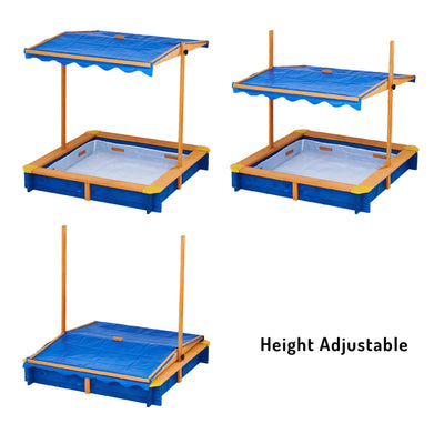 Teamson Kids 4' Square Solid Wood Sandbox with Rotatable Canopy Cover, Honey/Blue