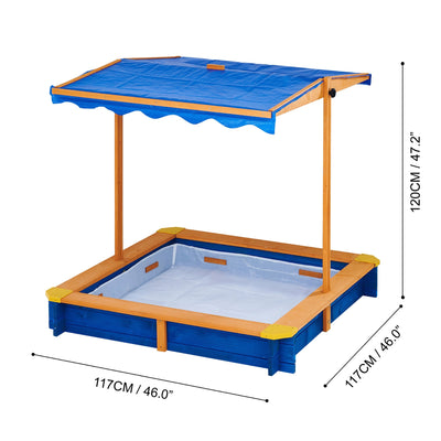 Teamson Kids 4' Square Solid Wood Sandbox with Rotatable Canopy Cover, Honey/Blue