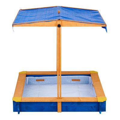 Teamson Kids 4' Square Solid Wood Sandbox with Rotatable Canopy Cover, Honey/Blue