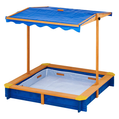 Teamson Kids 4' Square Solid Wood Sandbox with Rotatable Canopy Cover, Honey/Blue