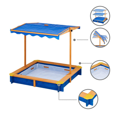 Teamson Kids 4' Square Solid Wood Sandbox with Rotatable Canopy Cover, Honey/Blue