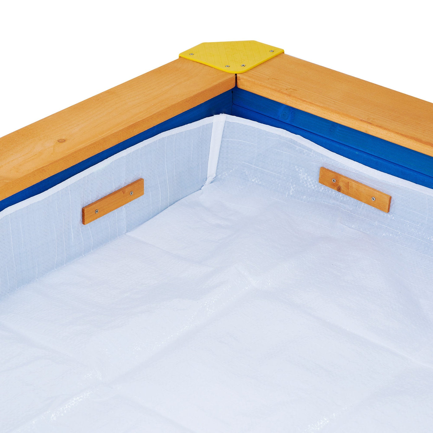 Teamson Kids 4' Square Solid Wood Sandbox with Rotatable Canopy Cover, Honey/Blue