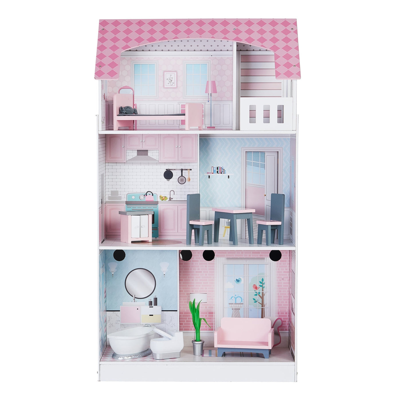 Teamson Kids Ariel 2-in-1 Double-Sided Play Kitchen with Accessories and Furnished Dollhouse for 12" Dolls, Pink