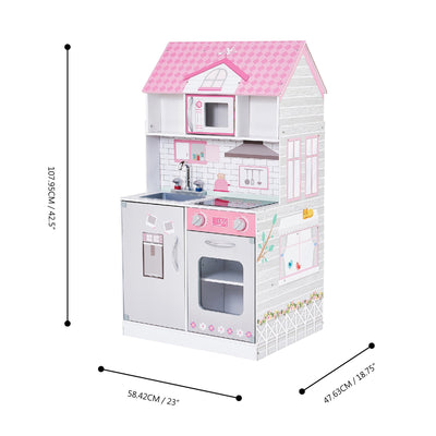 Teamson Kids Ariel 2-in-1 Double-Sided Play Kitchen with Accessories and Furnished Dollhouse for 12" Dolls, Pink