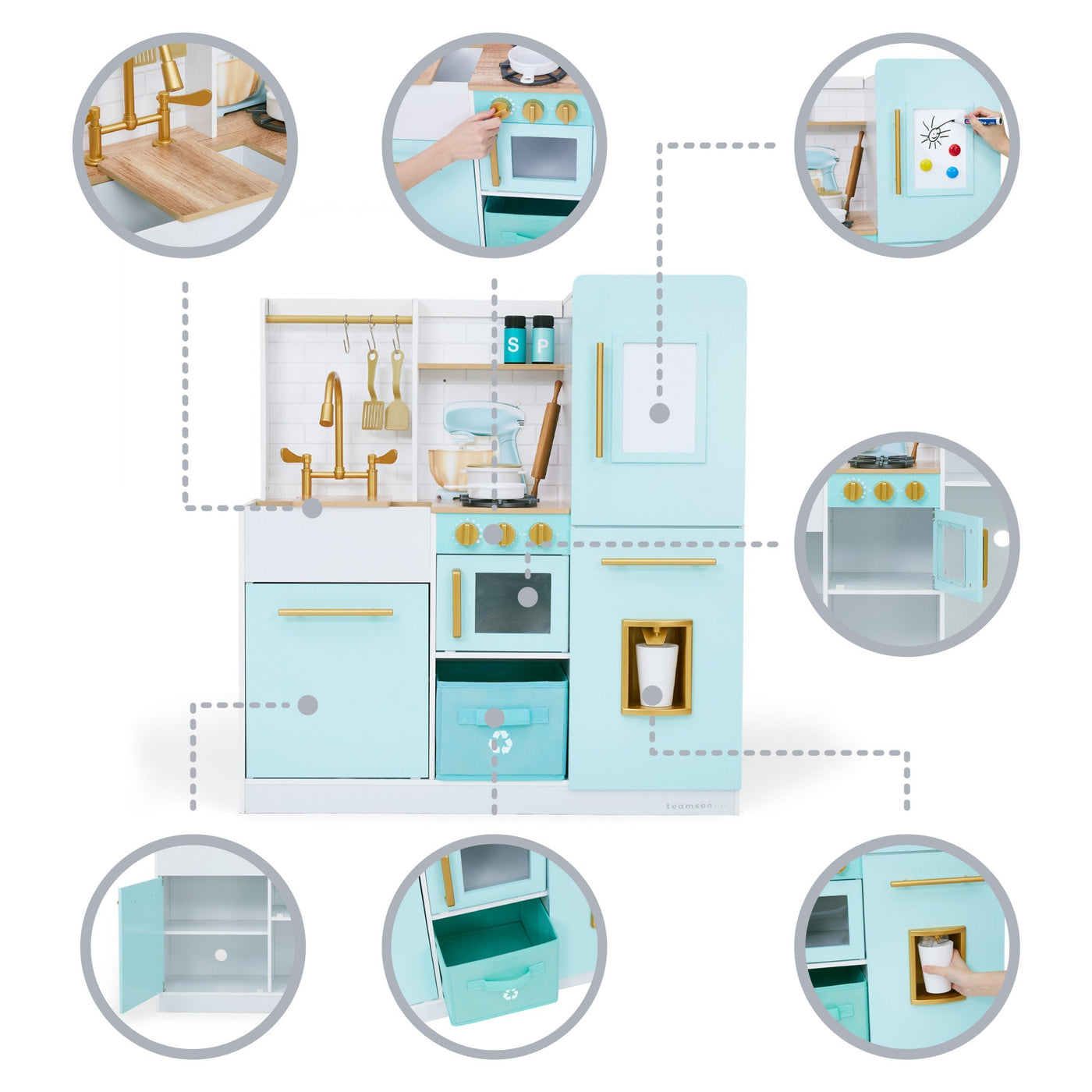 Teamson Kids Biscay Delight Classic Play Kitchen with Magnetic Refrigerator and Accessories, Mint