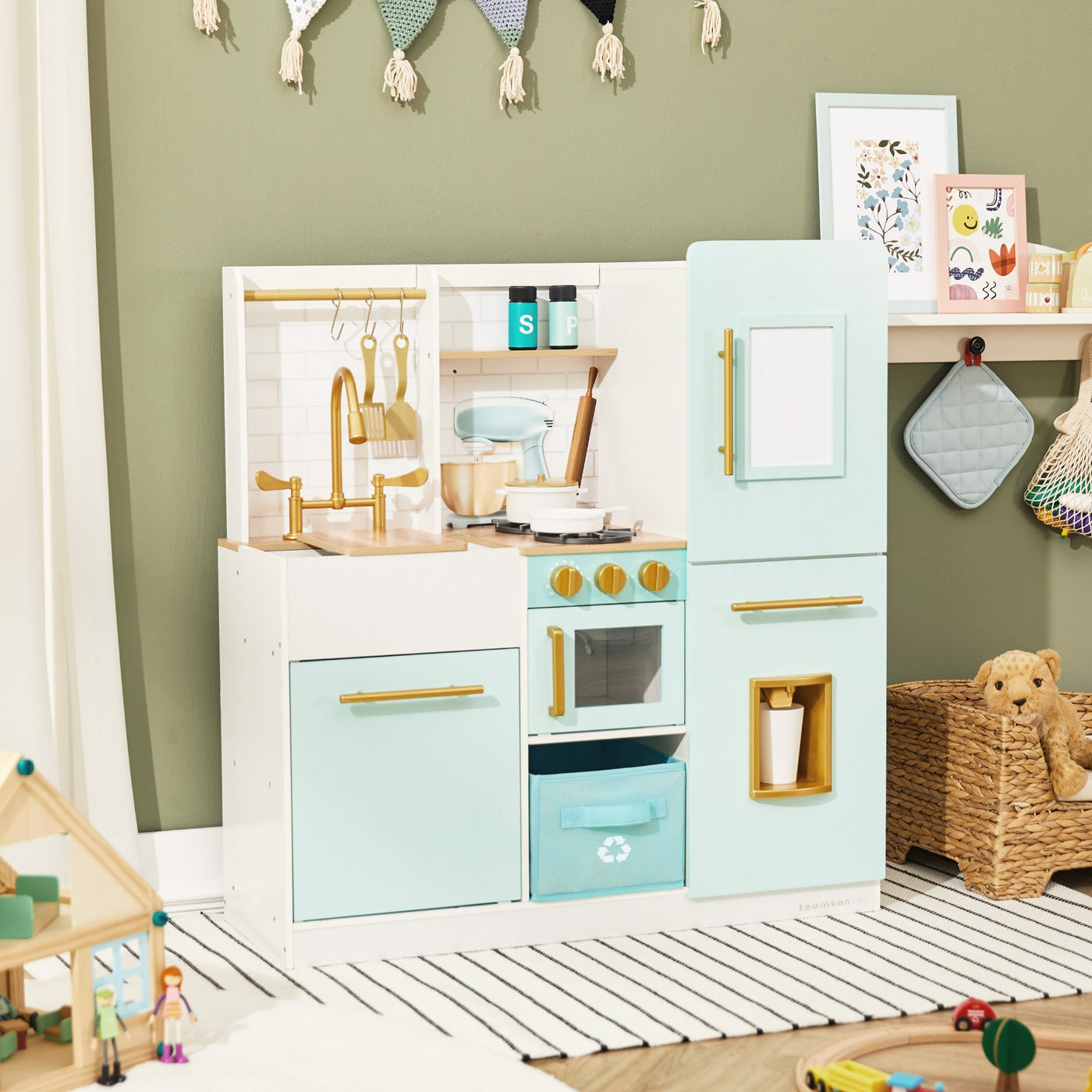 Teamson Kids Biscay Delight Classic Play Kitchen with Magnetic Refrigerator and Accessories, Mint