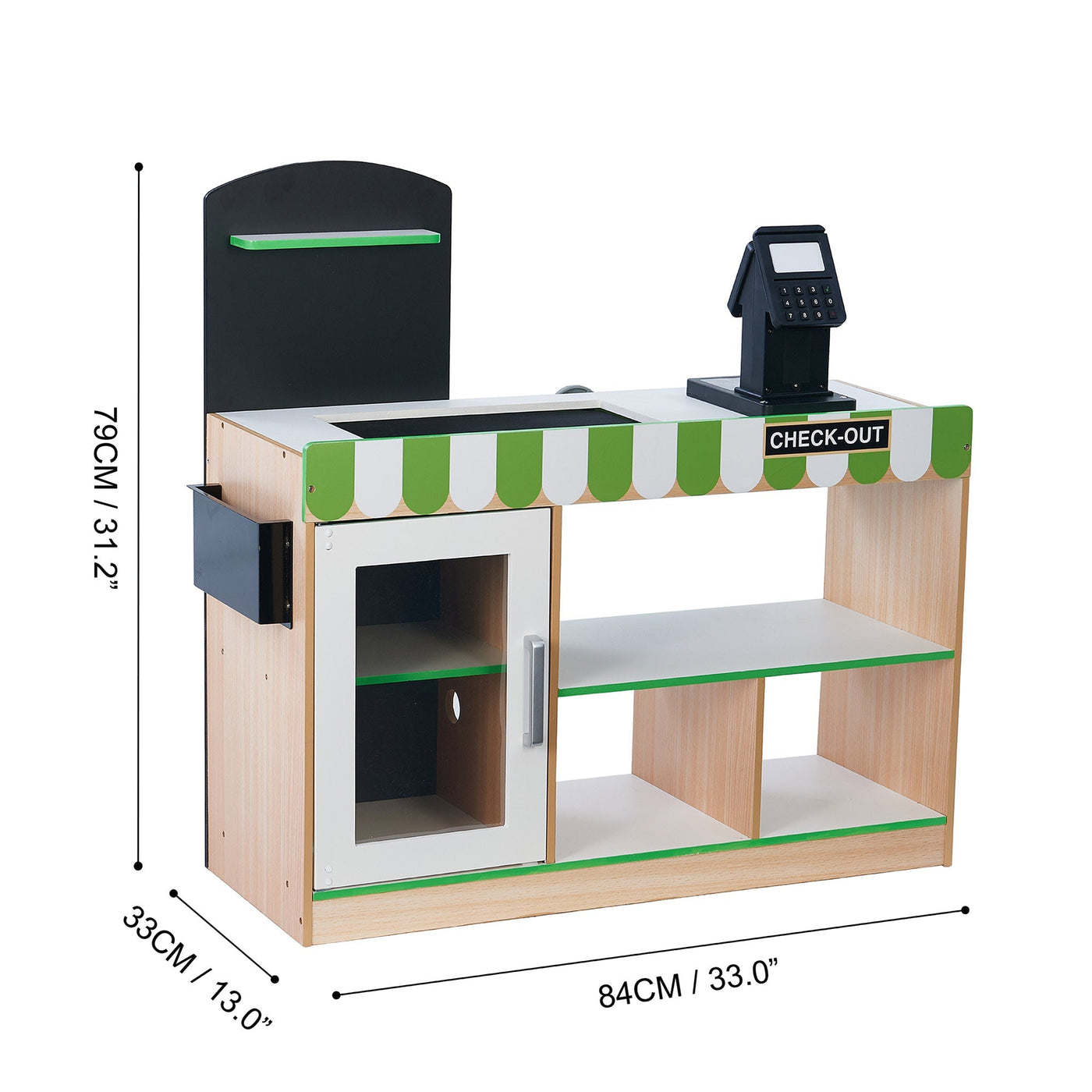 Teamson Kids Cashier Austin Play Market Checkout Counter with 26 Accessories, Green/Natural