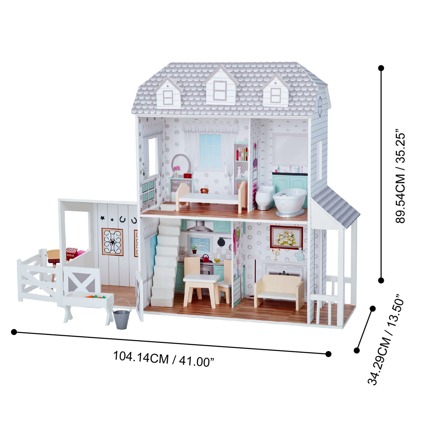 Teamson Kids Dreamland Farm Dollhouse with 14 Accessories, White/Gray