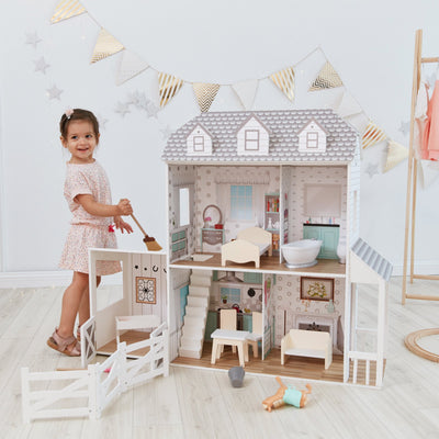 Teamson Kids Dreamland Farm Dollhouse with 14 Accessories, White/Gray