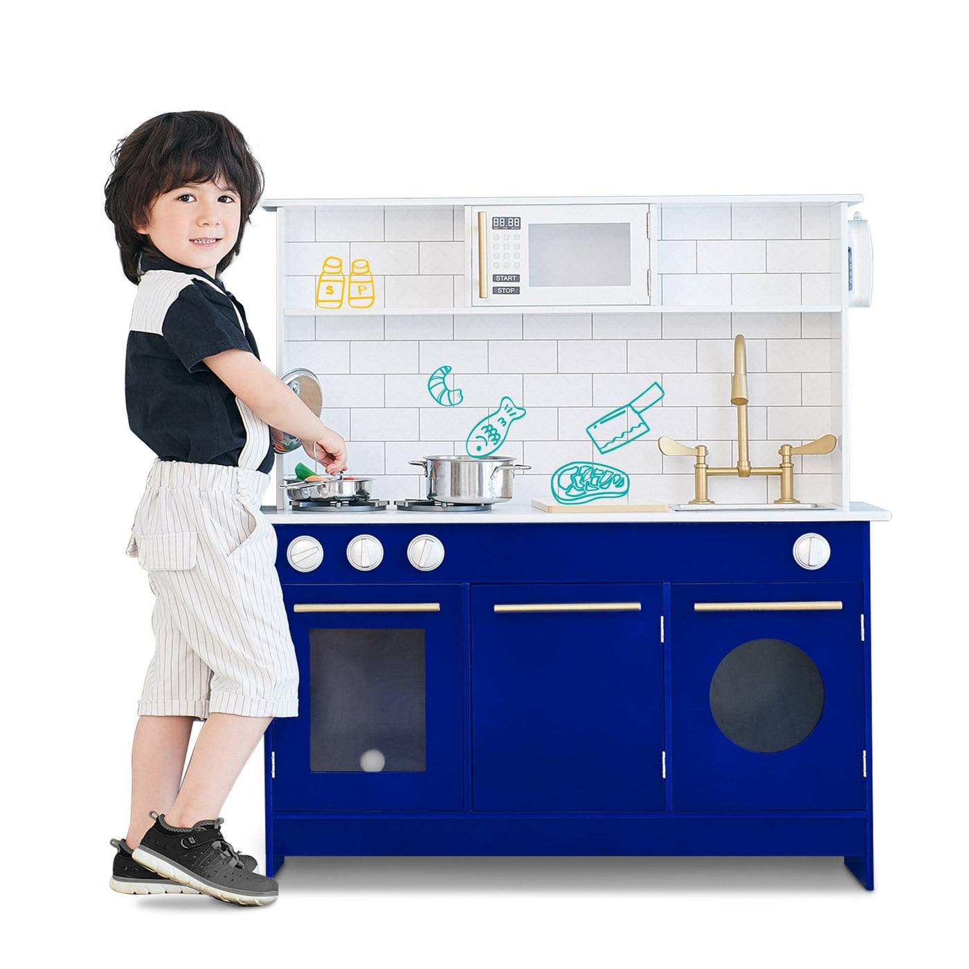 Teamson Kids Little Chef Berlin Play Kitchen with Cookware Accessories, White/Blue