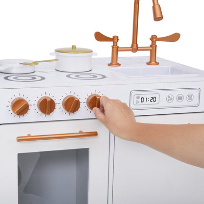 Little Chef Milano Two-Piece Modular Modern Delight Play Kitchen with Cooking Accessories, Faux Marble Finish, & Rose Gold Hardware, White