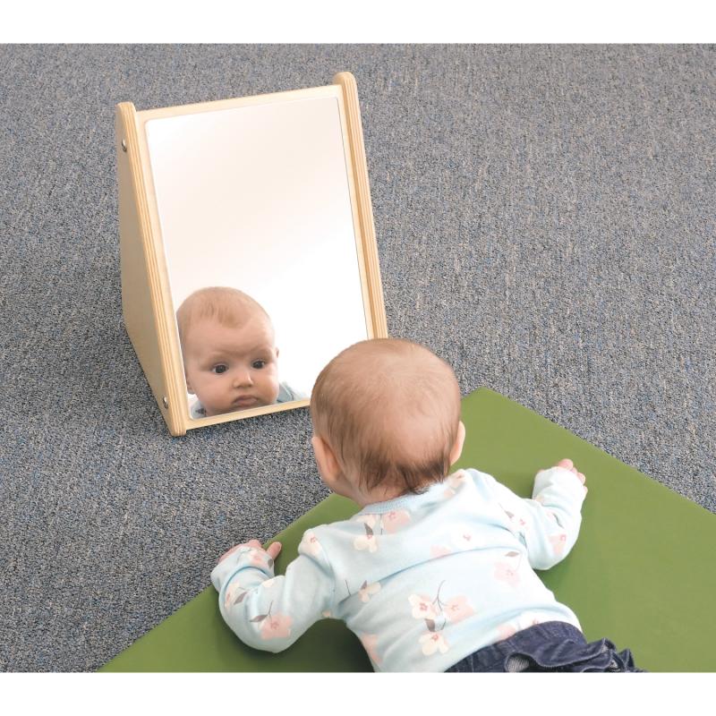 Whitney Brothers Infant Mirror Stand for babies and toddlers, wooden frame with shatterproof mirror for early development and sensory exploration.