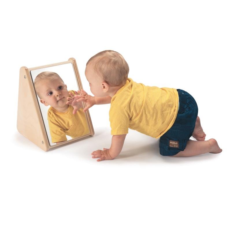 Whitney Brothers Infant Mirror Stand for babies and toddlers, wooden frame with shatterproof mirror for early development and sensory exploration.