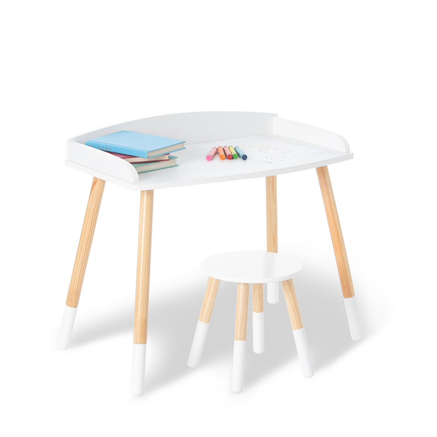 Modern Study Desk and Stool Set - White w/ Natural