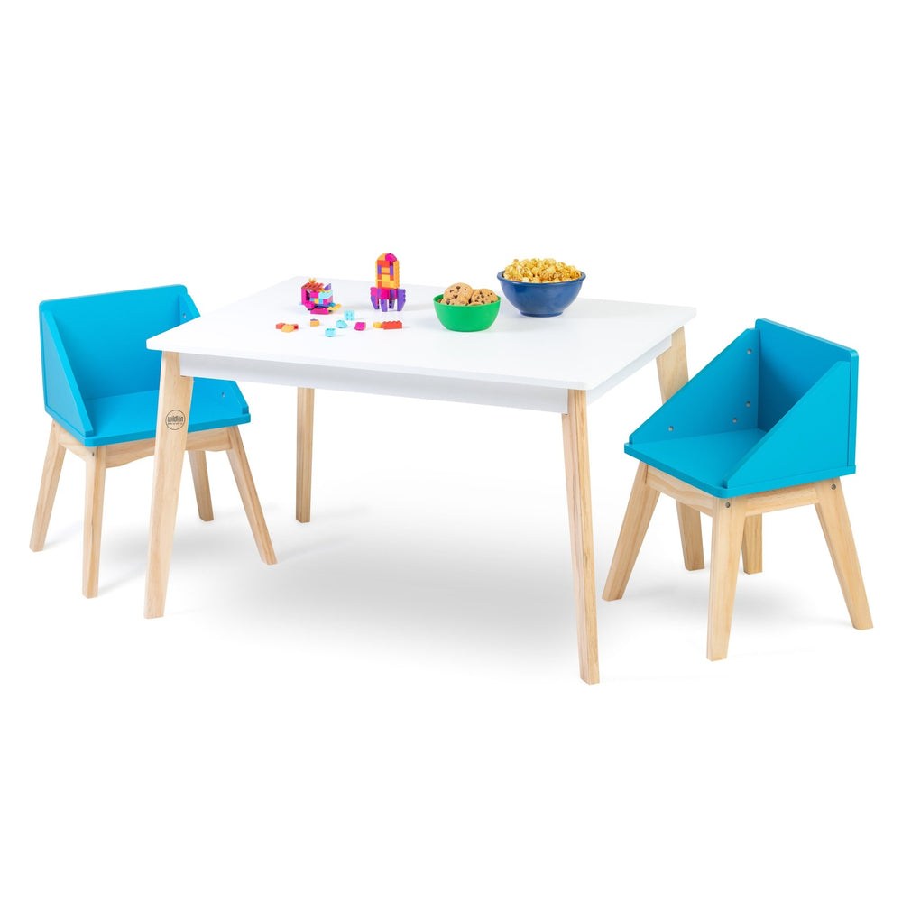 Daycare Modern Table & Chair Set - White Table Natural Legs w/ Blue Chairs