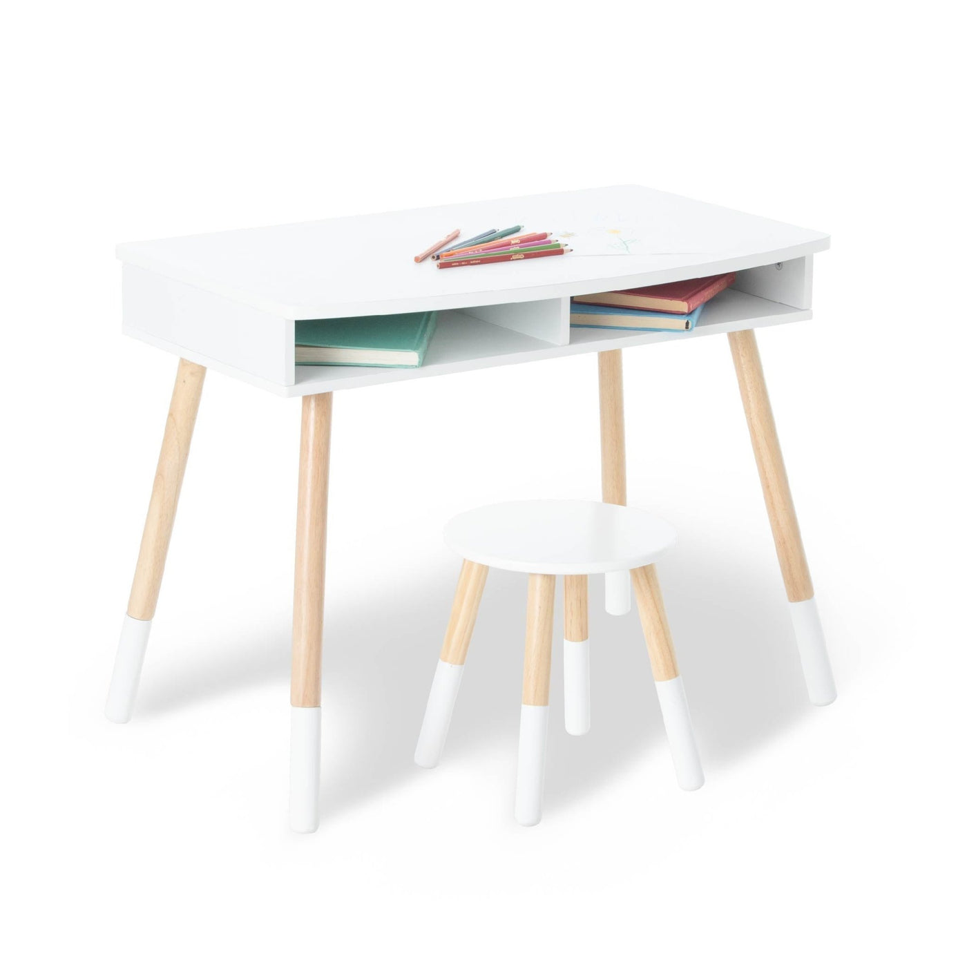 Premium Homework Desk and Stool Set -  White w/ Natural