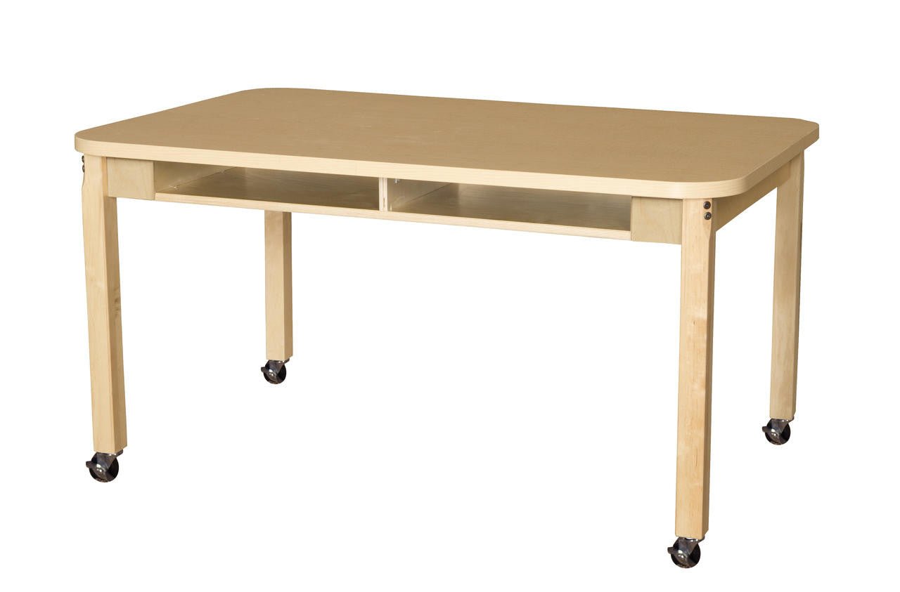 Mobile Two Seater High Pressure Laminate Desk with Hardwood Legs- 16"